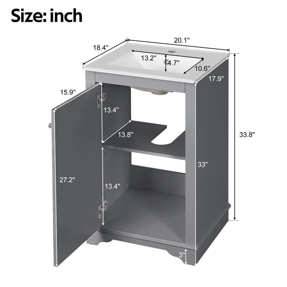 20-inch Bathroom Vanity with Ceramic Sink, Freestanding Single Vanity Set with Soft Closing Door, Adjustable Shelf, Modern Style, Gray
