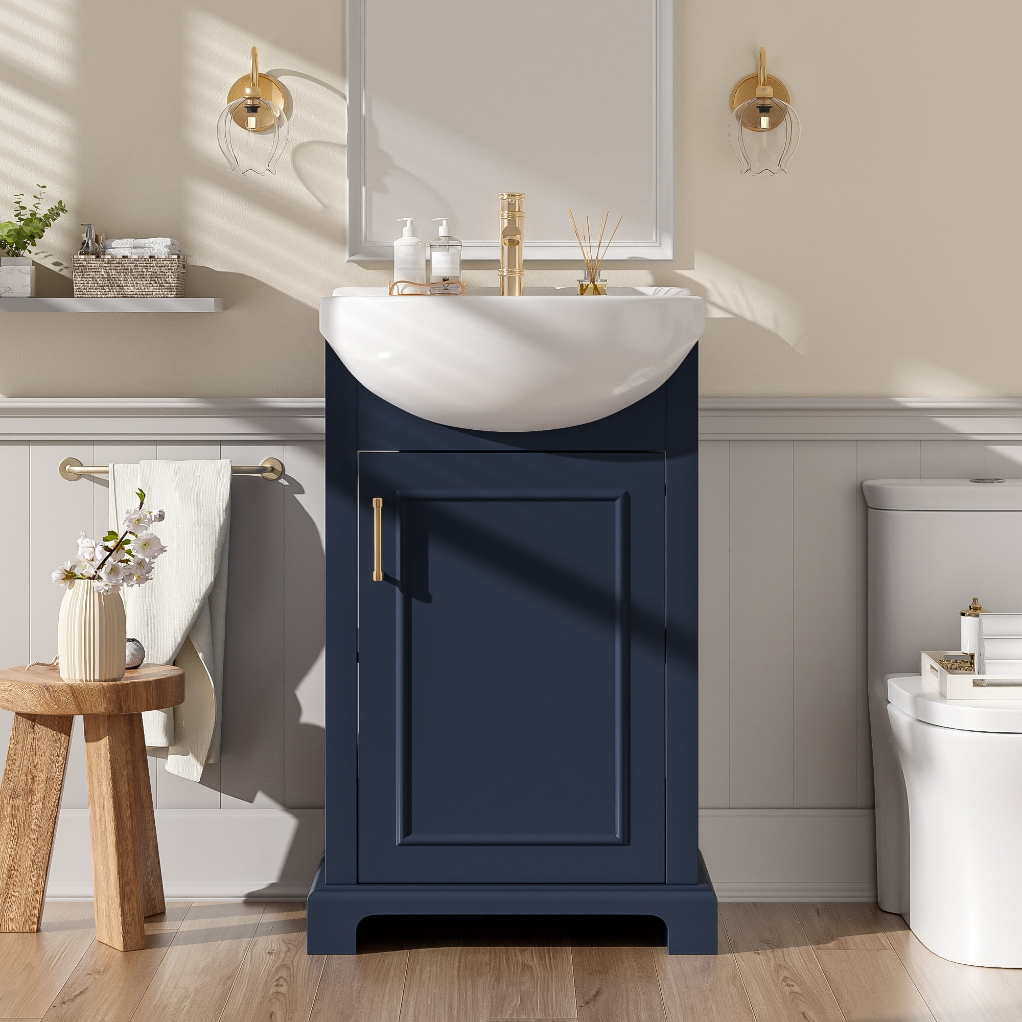 20-inch Bathroom Vanity with Ceramic Sink, Freestanding Single Vanity Set with Soft Closing Door, Bulged Ceramic Basin, French Style, Blue