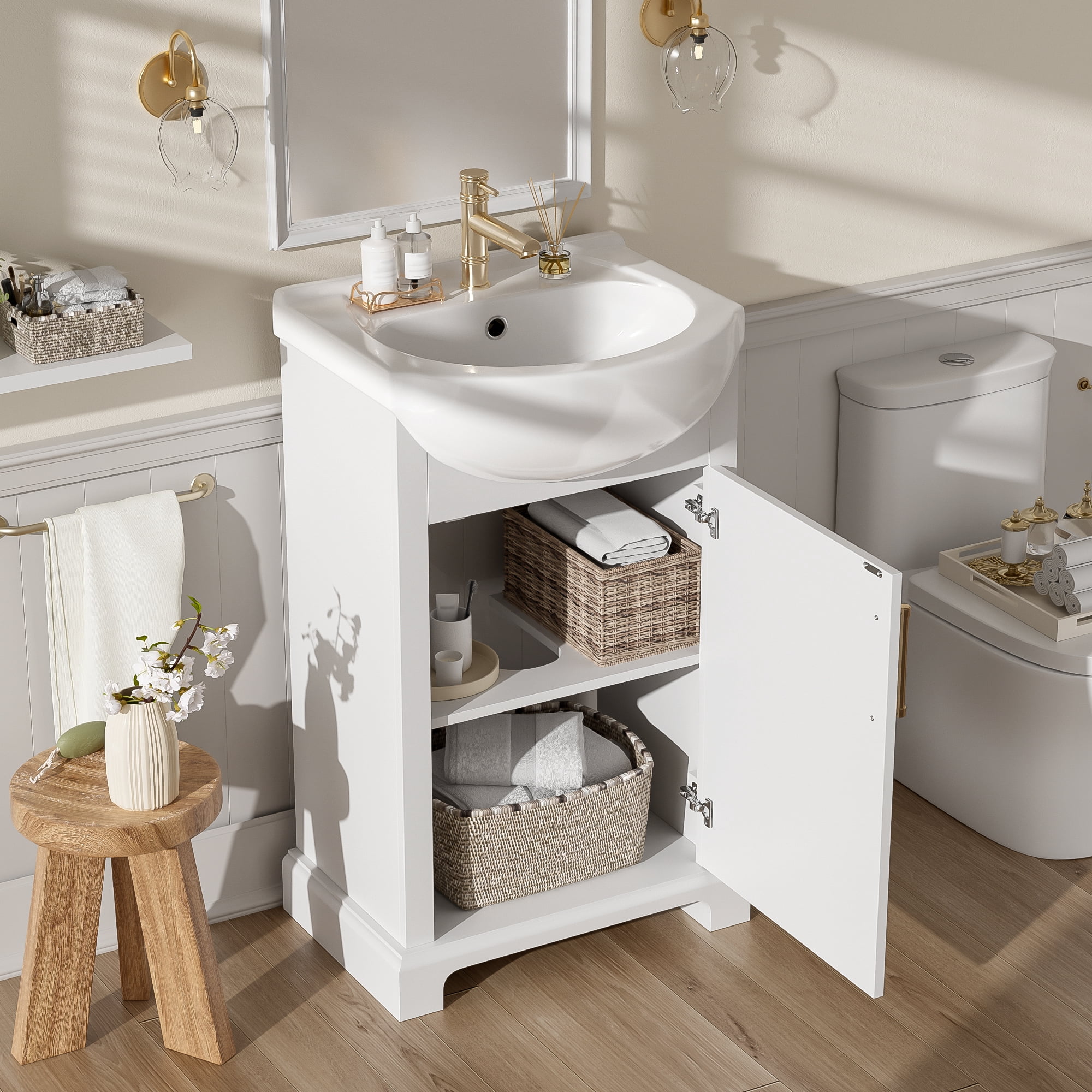 20-inch Bathroom Vanity with Ceramic Sink, Freestanding Single Vanity Set with Soft Closing Door, Bulged Ceramic Basin, French Style, White