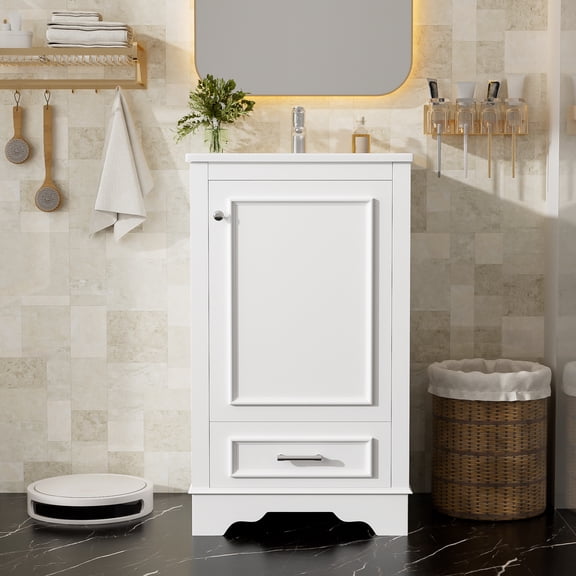20-inch Bathroom Vanity with Ceramic Sink, One Drawer, Freestanding Single Vanity Set with Soft Closing Door, Adjustable Shelf, Modern Style, White