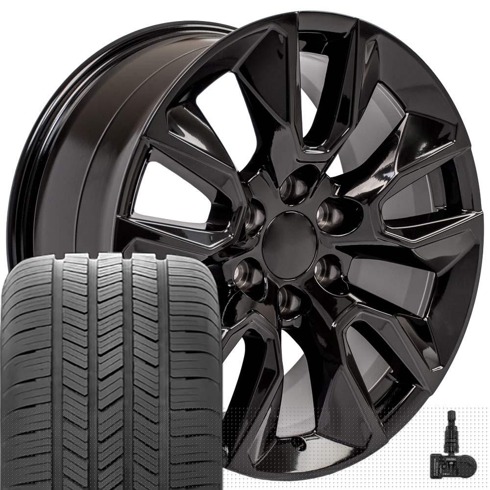 OE Wheels CV32 20x9 RST Style Wheels - Gloss Black Rims 20 Inch Set of 4, 6x139.7 Wheels - TPMS & 275/55R20 Goodyear Tires and Rims Packages - Fits Silverado 1500 & GM Full Size SUVs