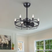 20 inch Black Caged Ceiling Fan with Lights, Industrial 6-Light Fan Light Fixture with Remote Control, Reversible 6-Speed for Bedroom,Living Room.