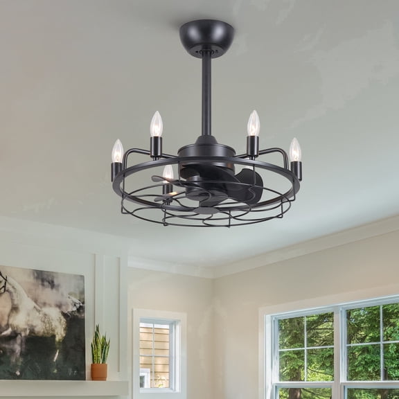 20 inch Black Caged Ceiling Fan with Lights, Industrial 6-Light Fan Light Fixture with Remote Control, Reversible 6-Speed for Bedroom,Living Room.