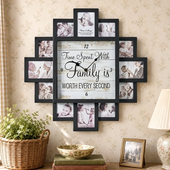 "Family" 20" x 20" Photo Collage Wall Clock, Black Farmhouse Picture Frame Holds 12 Photos, Battery Operated Family Memory Display for Nursery, Baby Room, Kids Bedroom, Living Room & Wall Decor