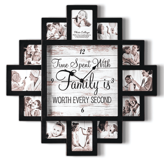 20 inch Black Picture Frame Collage Family Photo Wall Clock - 12 Slots, Farmhouse Decor for Living Room, Entryway, Bedroom