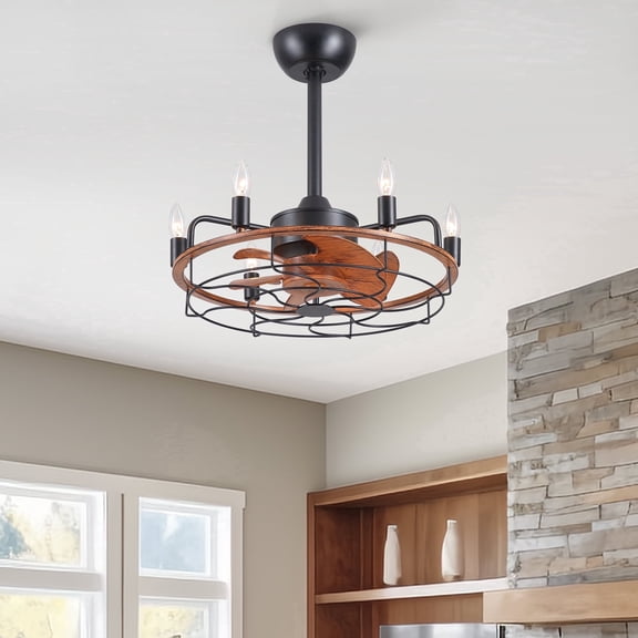 20 inch Brown Caged Ceiling Fan with Lights, Industrial 6-Light Fan Light Fixture with Remote Control, 5 ABS Blades Reversible 6-Speed for Bedroom,Kitchen.