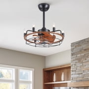 20 inch Brown Caged Ceiling Fan with Lights, Industrial 6-Light Fan Light Fixture with Remote Control, Reversible 6-Speed for Bedroom,Living Room.
