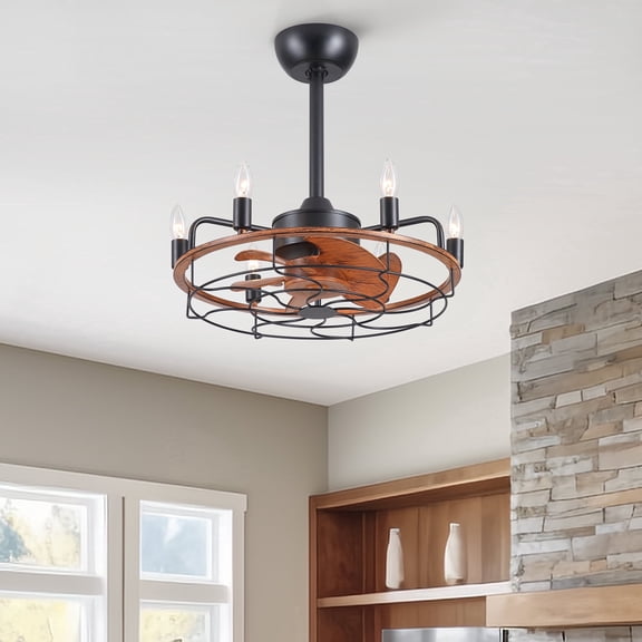 20 inch Brown Caged Ceiling Fan with Lights, Industrial 6-Light Fan Light Fixture with Remote Control, 5 ABS Blades Reversible 6-Speed for Bedroom,Kitchen.