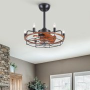20 inch Brown Caged Ceiling Fan with Lights, Industrial 6-Light Fan Light Fixture with Remote Control, Reversible 6-Speed for Bedroom,Living Room.