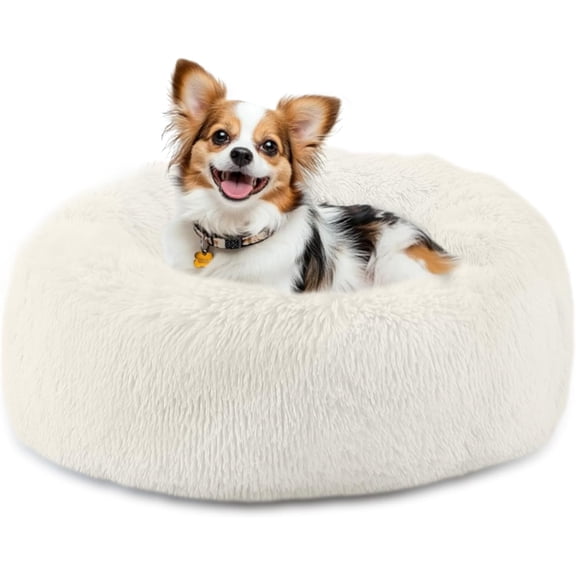 20'' inch Calming Dog Bed, Anti-Anxiety Donut Small Dog Bed, Warming Cozy Soft Cute Round Washable, Marshmallow Cuddler Nest Puppy Dogs and Cats Bed, White