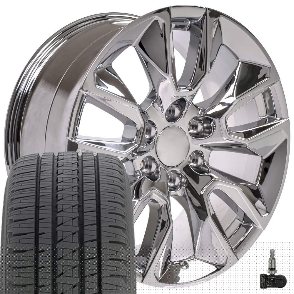 thumbnail image 1 of OE Wheels CV32 20 Inch Rims and Tires Fit Silverado 1500 RST Style 6x139.7 20x9 Chrome - Hollander 5916 - Dueler H/L Alenza 275/55-20 (Set of 4), 1 of 5