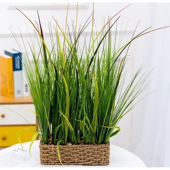 20 inch Evergreen Sea Grass in Leather Woven Planter Realistic Looking Wheat Grass Faux for Kitchen Bathroom Bedroom Decor