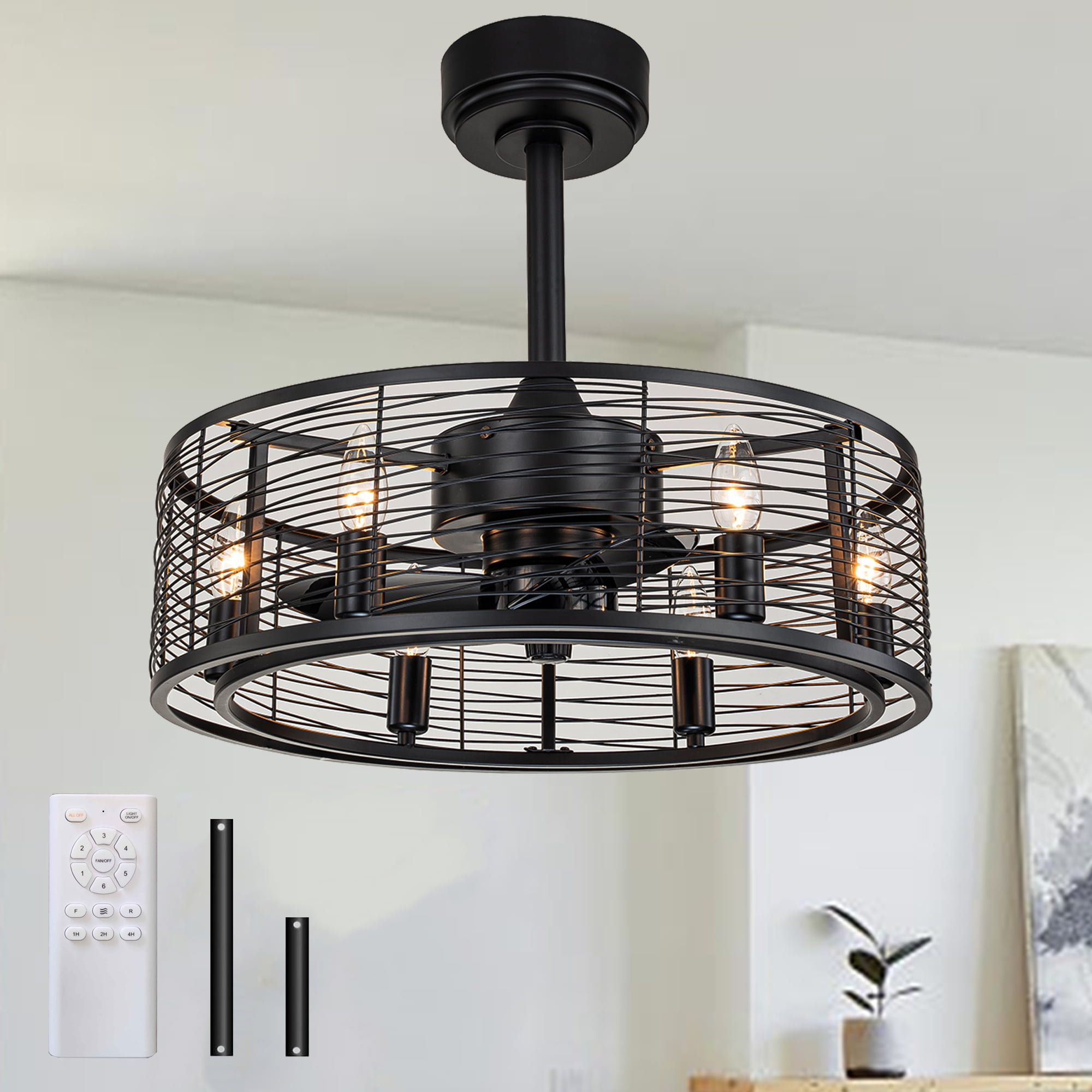 20 inch Farmhouse Caged Ceiling Fans With Light with Remote Control