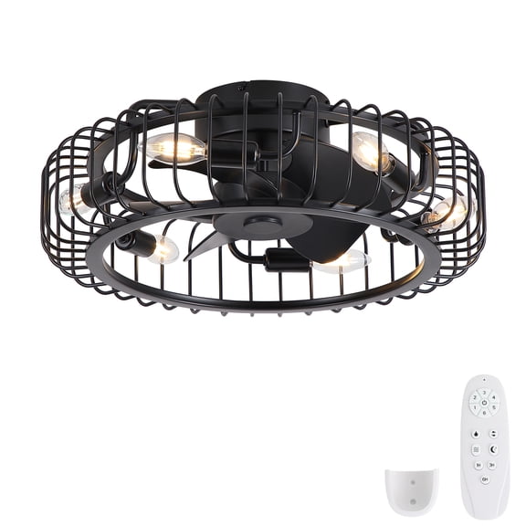 20 inch Industrial Black Caged Ceiling Fan with Lights,Modern 6-Light Fan Light Fixture with Remote Control,5 ABS Blades Reversible 6-Speed for Bedroom,Kitchen.
