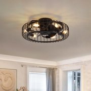 20 inch Industrial Black Caged Ceiling Fan with Lights,Modern 6-Light Light Fixture with Remote Control,5 ABS Blades Reversible 6-Speed for Bedroom,Kitchen.