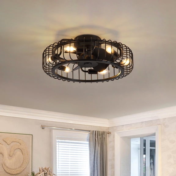 20 inch Industrial Black Caged Ceiling Fan with Lights,Modern 6-Light Light Fixture with Remote Control,5 ABS Blades Reversible 6-Speed for Bedroom,Kitchen.