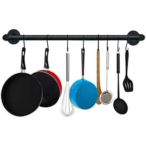 20 inch Industrial Pipe Clothes Rack,Black Iron Bathroom Kitchen Towel Bar,Vintage Farmhouse DIY Wall Mounted Pot Bar Rack, Detachable Kitchen Utensils Hanger with 8 pcs S Hooks