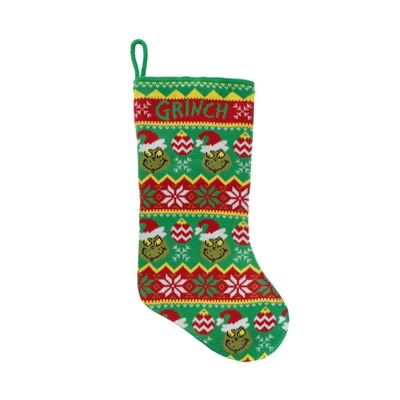 20 inch Knit Christmas Stocking, Grinch in a Santa Hat, Polyester, by Ruz, Green