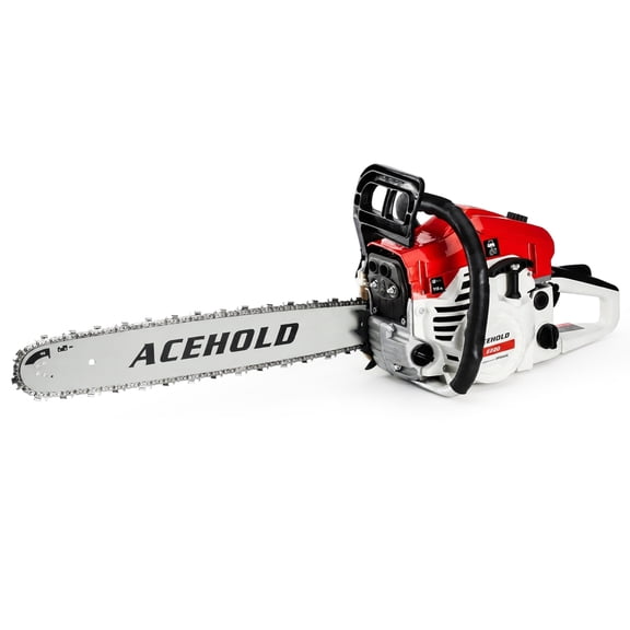 20-inch Red and White Gas Chain Saw: Equipped with a 62cc, 3.0-horsepower two-stroke engine