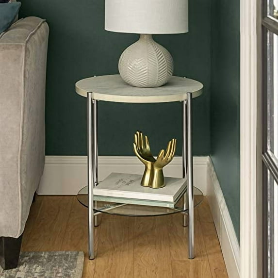 20 inch Round Side Table with White Faux Marble and Chrome Legs