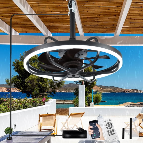 Depuley 20-inch Waterproof Outdoor Ceiling Fan with Light - IP65 Plug-in, Remote & App Control, 6-Speed Gazebo/Patio，Black Blades