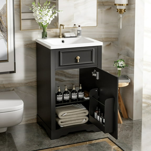 20-inch White Bathroom Vanity with Ceramic Sink, Soft-Close Door, Adjustable Shelf & Door Rack - Freestanding Storage Cabinet for Small Bathrooms, Solid Wood & MDF Modern Design