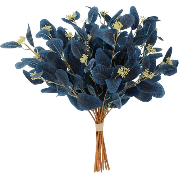 20-inch (approx. 50.8 cm) silk artificial eucalyptus stems, 12 fake eucalyptus stems with leaves and berries, green plant floral decoration for wedding parties, home décor (navy blue)