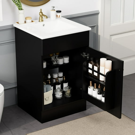 20-inch black vanity cabinet with sink MDF material ceramic sink pre - drilled hole soft closing door for a quiet bathroom experience and storage