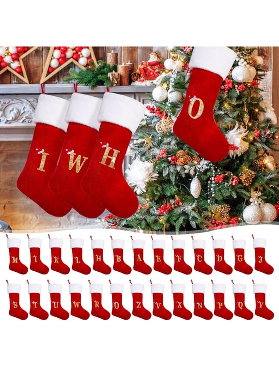 20 inches Christmas Stockings with Letters, Initial Embroidered Christmas Stockings Red Personalized Christmas Stockings Large Soft Stocking Decorations for Holiday Xmas Season Gift Decor