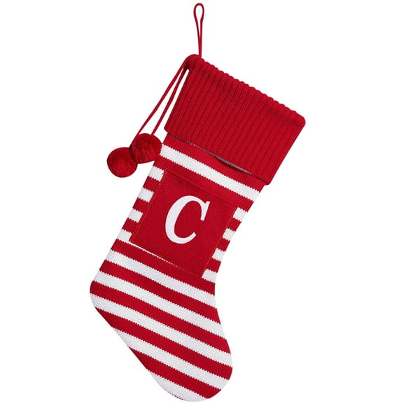 20 inches Initial Monogram Embroidered Christmas Stocking Red White Striped knitted Christmas Decorations Letter Stockings for Family Holiday and Xmas Tree Fireplace Decor, C