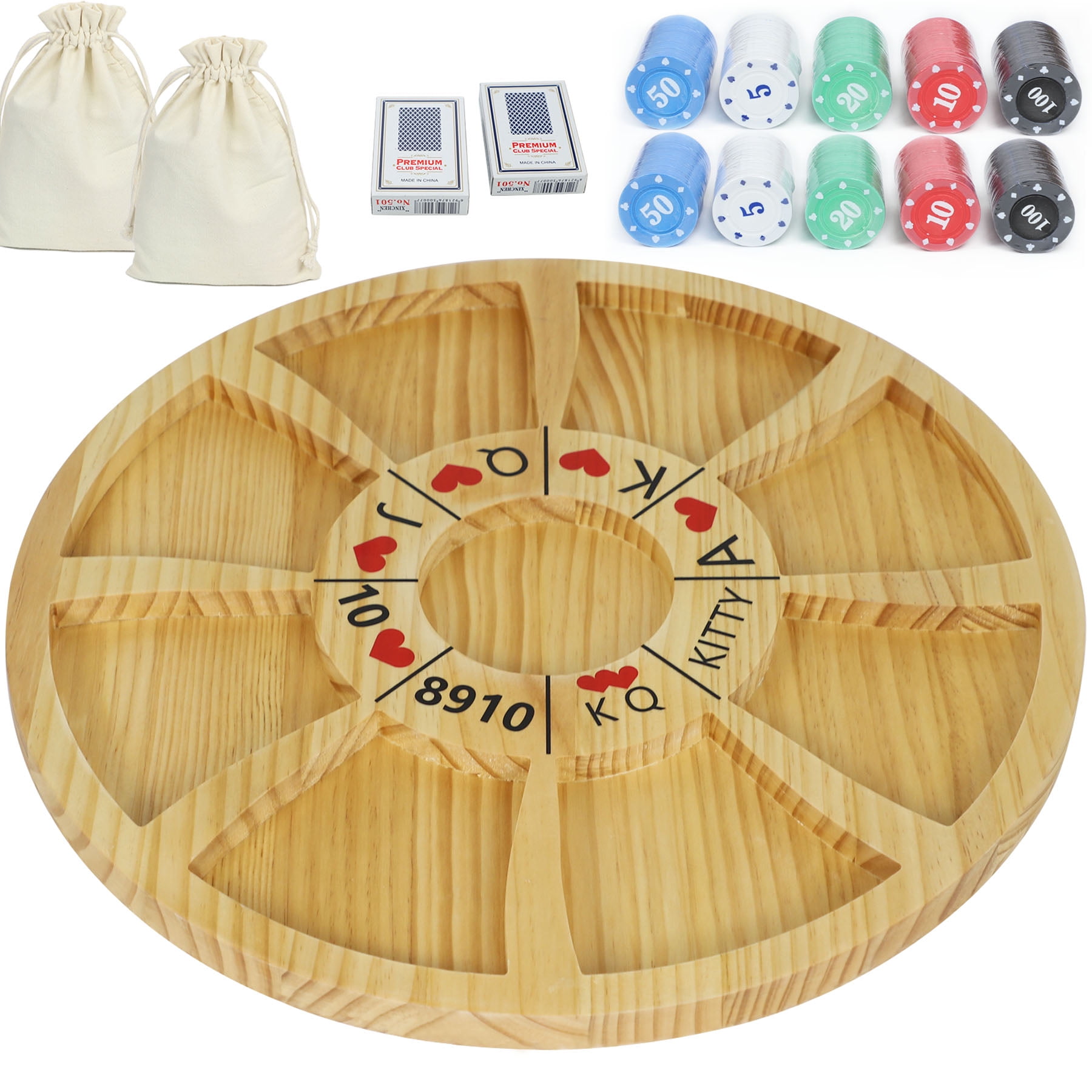 20 inches Michigan Rummy Game Deluxe Set Perfect Blend of A Royal Game of Hearts，Rummy Poker Wooden Tripoley Board Game Betting Bluffing Game Classical Family Card Game for Adults 200 Chips