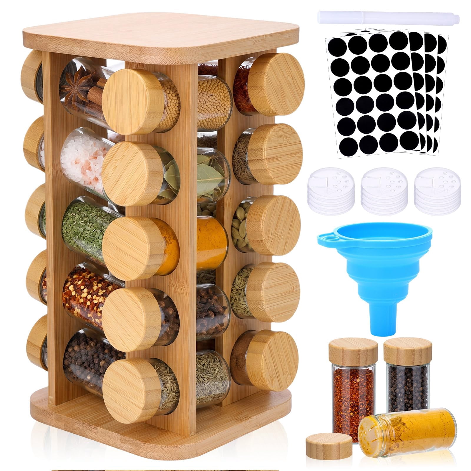 20-jar Rotating Countertop Spice Rack Organizer With Tower 360° Smooth Spin Seasoning Holder 20 Glass Jars Sifter Lids 72 Reusable Labels Marker & Silicone Folding Funnel