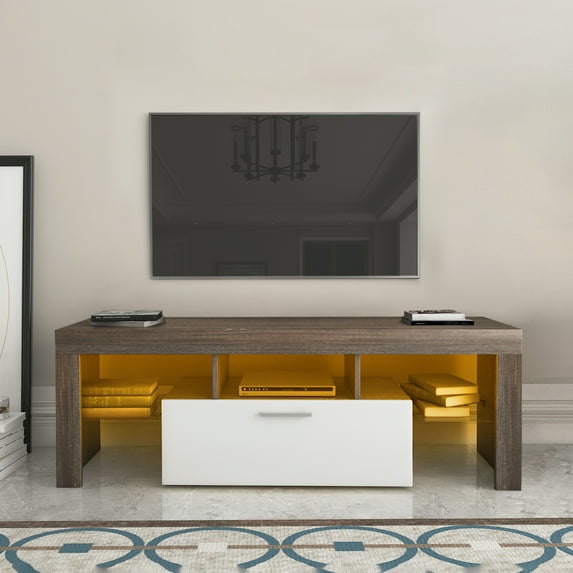 20 minutes quick assembly brown simple modern TV stand with the toughened glass shelf Floor cabinet Floor TV wall cabinet with LED Color Changing Lights