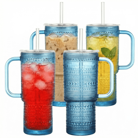 20 oz Blue Glass Tumbler with Lid and Straw, Glass Iced Coffee Cups, Spill-proof Glasses Tumbler with Handle, Glasses Drinking Set of 4, Vintage Glassware for Cocktail, Smoothies