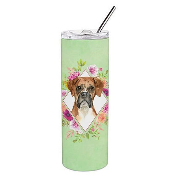 20 oz Boxer Green Flowers Double Walled Stainless Steel Skinny Tumbler