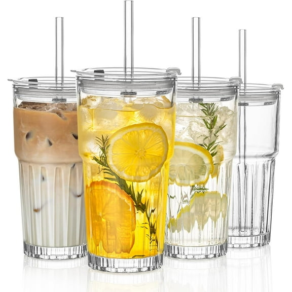 20 oz Clear Glass Tumbler Set with Lids and Leather Sleeves – 4-Pack Iced Coffee Cups with Glass Straws & Brushes, Reusable Drinking Glasses for Smoothies, Tea, Juice, Beer, Cold Beverages
