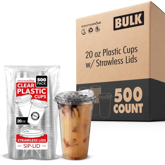 20 oz Clear Plastic Cups with Lids Disposable, Togo Drinking Cup with Strawless Sip Lid for Smoothie, Cold Brew Iced Coffee, Lemonade, Ice Latte, Boba, Party Drinks, Bulk, 20 Ounce (Set of 500)