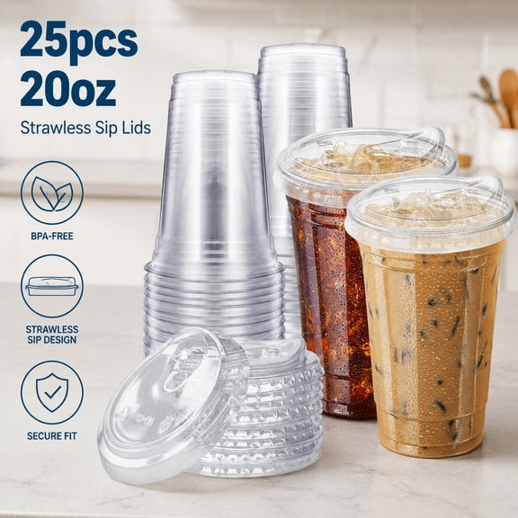 20 oz Clear Plastic Cups with Strawless Sip Lids, 25 Sets Disposable Iced Coffee Cups, Clear Cold Drink Cups with Lids for Coffee, Smoothies, Smoothie Bowls, Party and Outdoor Use