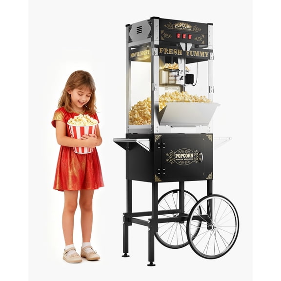 20 oz Commercial Popcorn Machine Cart, Upgraded Popcorn Maker Machine with Stainless-Steel Kettle Makes Up to 80 Cups, Movie Theater Pop Corn Machine with 3-Switch Control, Black