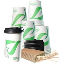20 oz Compostable Paper Cups with Black Dome Lids, Sleeves and Wooden Stirrers - Biodegradable Disposable White Paper Coffee Cups PLA Lined - Eco-friendly Hot and Cold Drinking Cups (25)