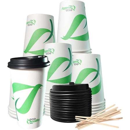 20 oz Compostable Paper Cups with Black Dome Lids and Wooden Stirrers - Biodegradable Disposable White Paper Coffee Cups PLA Lined - Eco-friendly Hot and Cold Drinking Cups (25)