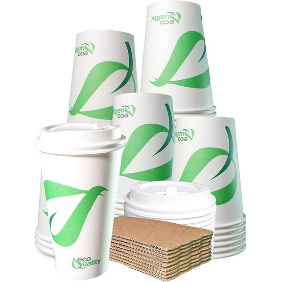 20 oz Compostable Paper Cups with White Dome Lids and Sleeves - Biodegradable Disposable White Paper Coffee Cups PLA Lined - Eco-friendly Hot and Cold Drinking Cups (50)