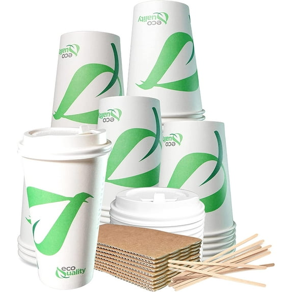 20 oz Compostable Paper Cups with White Dome Lids, Sleeves and Wooden Stirrers - Biodegradable Disposable White Paper Coffee Cups PLA Lined - Eco-friendly Hot and Cold Drinking Cups (50)