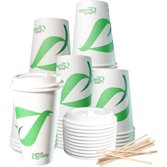 20 oz Compostable Paper Cups with White Dome Lids and Wooden Stirrers - Biodegradable Disposable White Paper Coffee Cups PLA Lined - Eco-friendly Hot and Cold Drinking Cups (250)