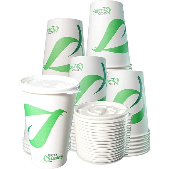 20 oz Compostable Paper Cups with White Flat Lids - Biodegradable Disposable White Paper Coffee Cups PLA Lined - Eco-friendly Hot and Cold Drinking Cups (25)
