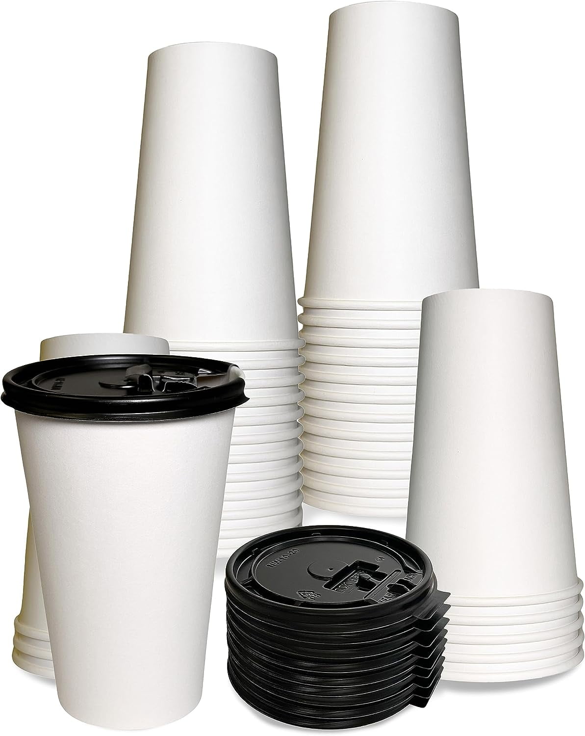 20 oz Disposable White Paper Coffee Cups with Black Flat Lids ...