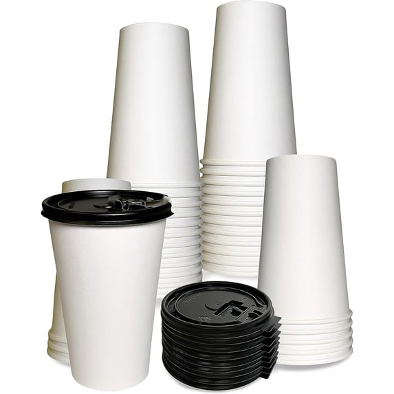 20 oz Disposable White Paper Coffee Cups with Black Flat Lids, Recyclable Hot/Cold Beverage Paper Drinking Cups with Lids for Tea, Water, Coffee, Travel, Picnic, Breakroom, Office (500 Pack)