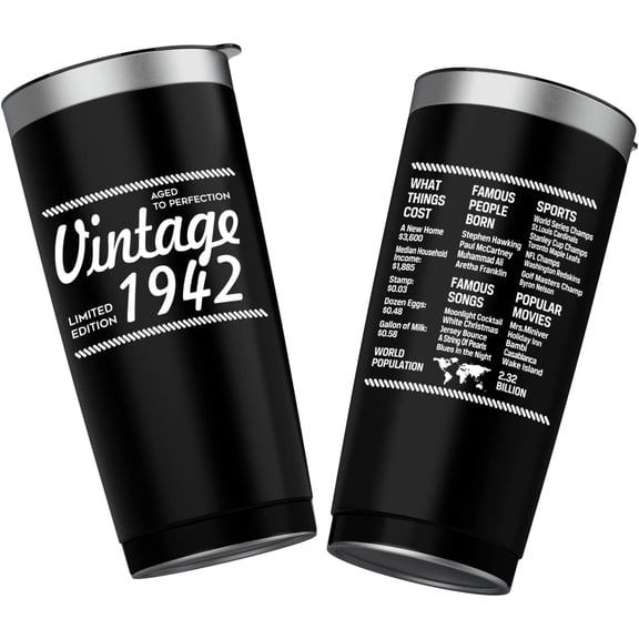 20 oz Double-sided Vintage 1942 Coffee Tumbler Cup With Old Time Information, 80th Birthday Gifts for Women Men Parents, 80th Birthday Decoration, 80th Vacuum Cup with Lid Black