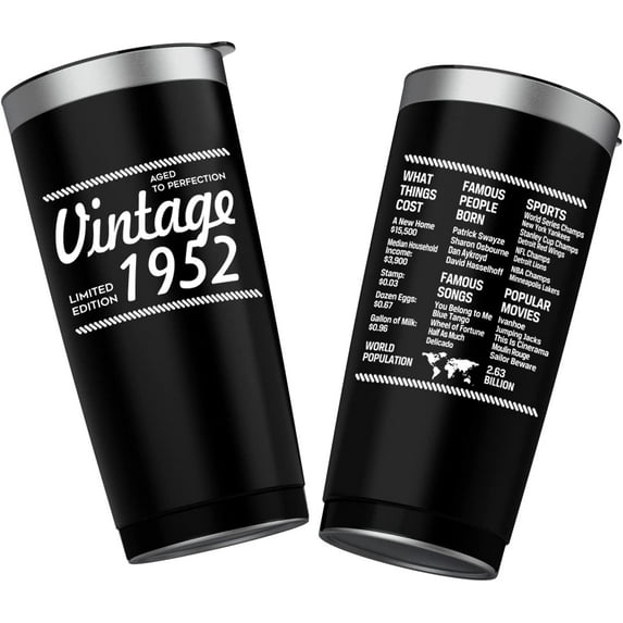 20 oz Double-sided Vintage 1952 Coffee Tumbler Cup With Old Time Information, 70th Birthday Gifts for Women Men Parents, 70th Birthday Decoration, 70th Vacuum Cup with Lid Black