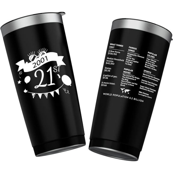 20 oz Double-sided Vintage 2001 Coffee Tumbler Cup With Old Time Information, 21st Birthday Gifts for Her Him, 21st Birthday Decoration, 21st Vacuum Cup with Lid Black